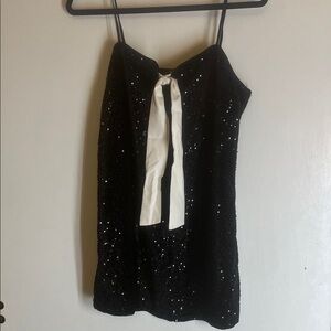 Divided Black Velvet & Sequin Mini Dress with White Bow size medium